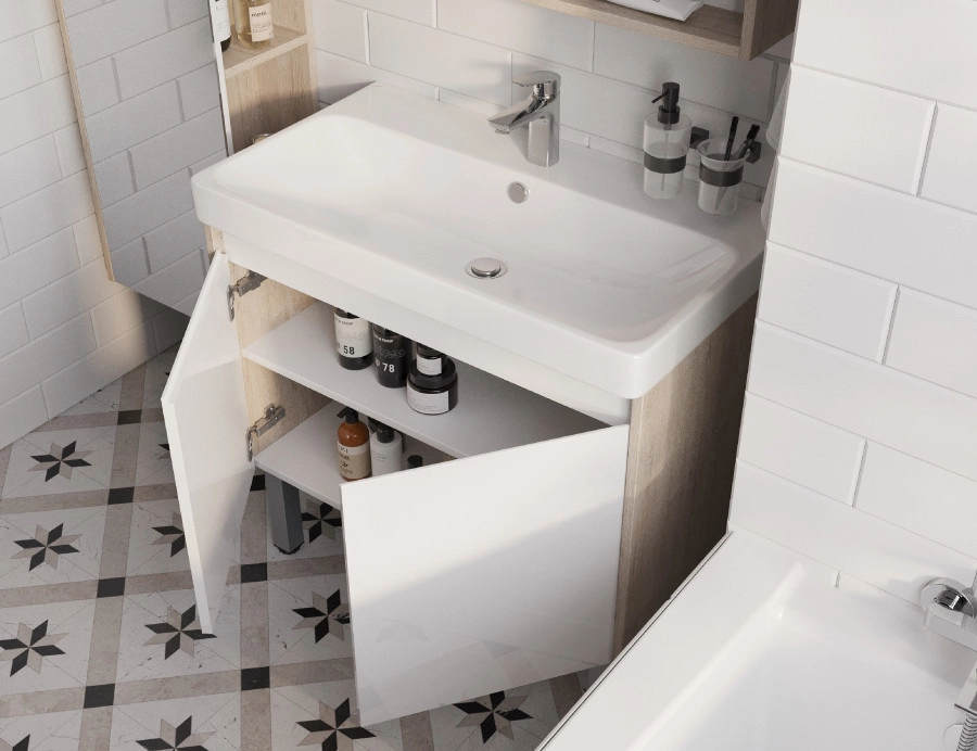 Тумба Aquaton Сканди Doors 80 с раковиной Адриана 80, 2 ящика, напольная, дуб верона