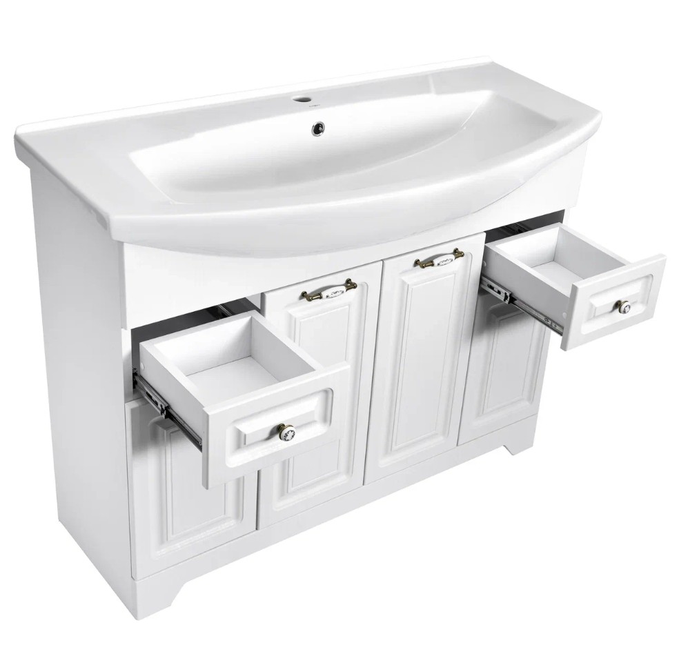 Тумба напольная Stella Polar Кармела 105 с раковиной Элеганс 105, 2 ящика, 4 двери, ольха белый