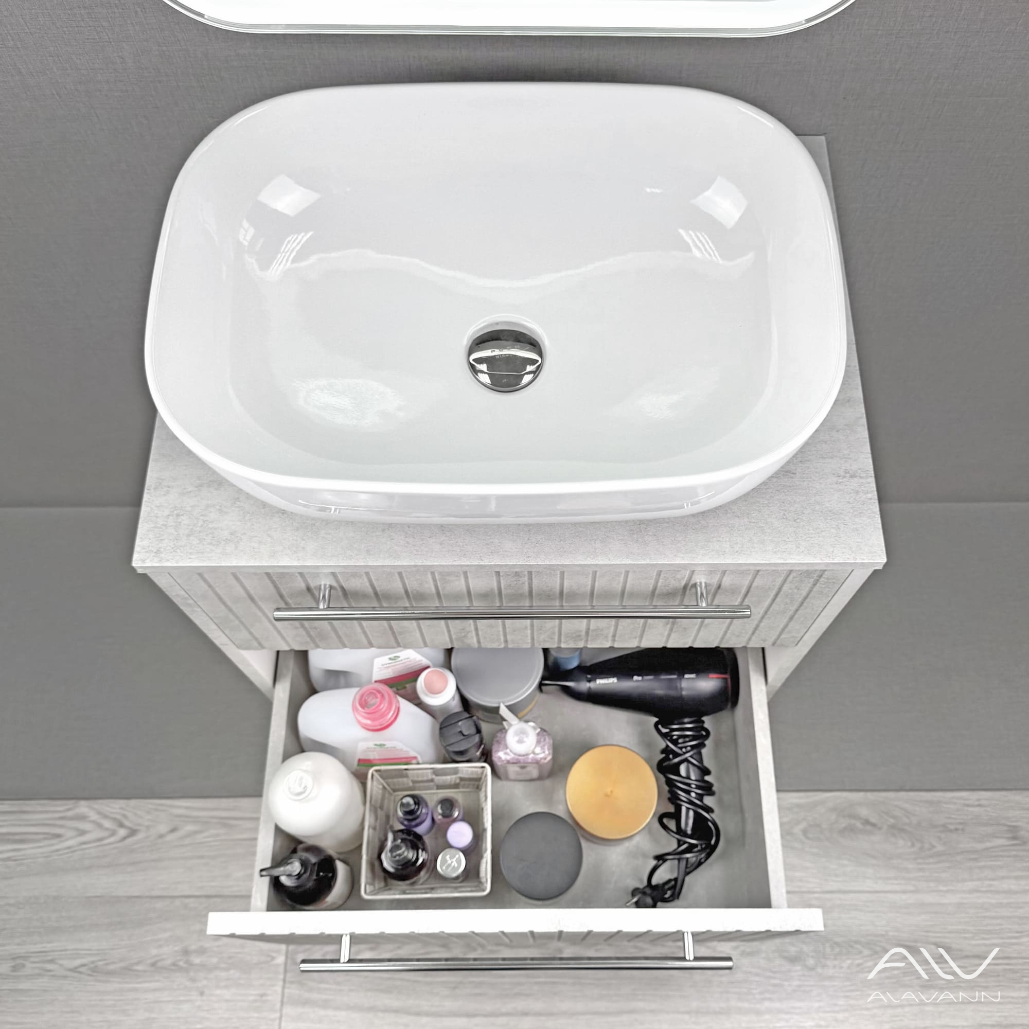 Тумба подвесная Alavann Emma 60 с раковиной Moduo 50 SQUARE, серый бетон