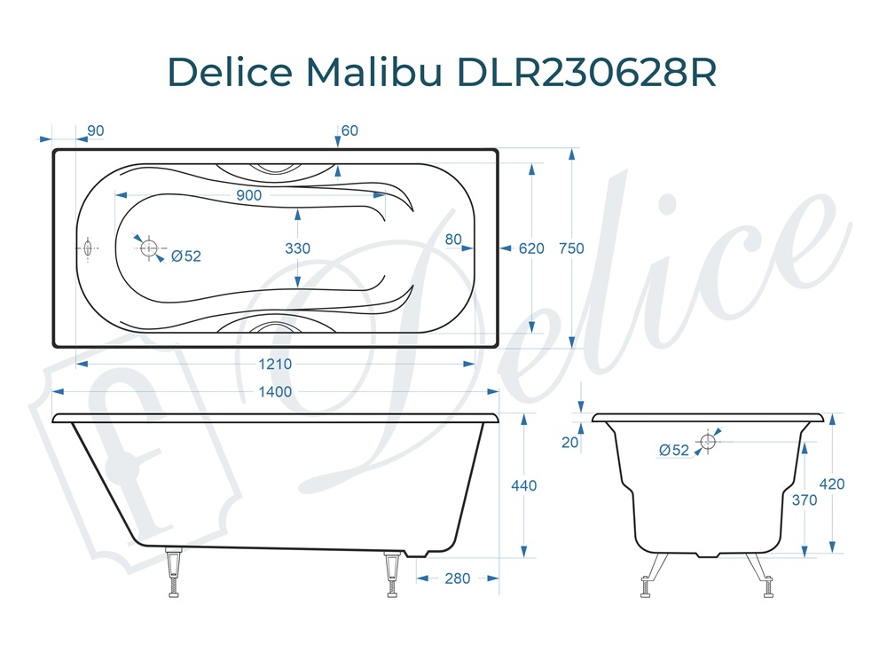 Ванна чугунная Delice Malibu 140х75 DLR230628R с отверстиями под ручки
