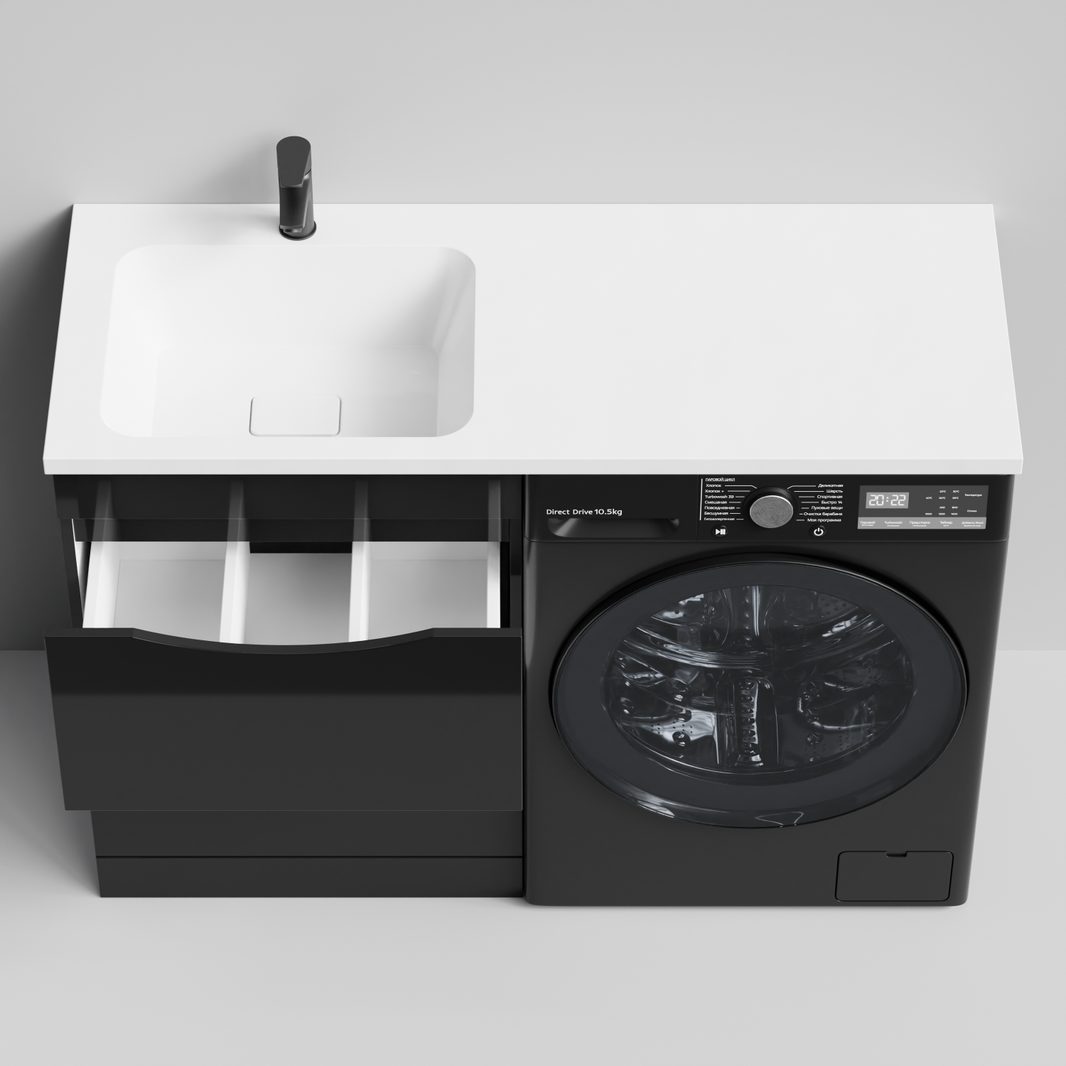 Тумба Vod-ok 58 с раковиной Смайл 120 напольная, под стиральную машину, левая, черный глянец