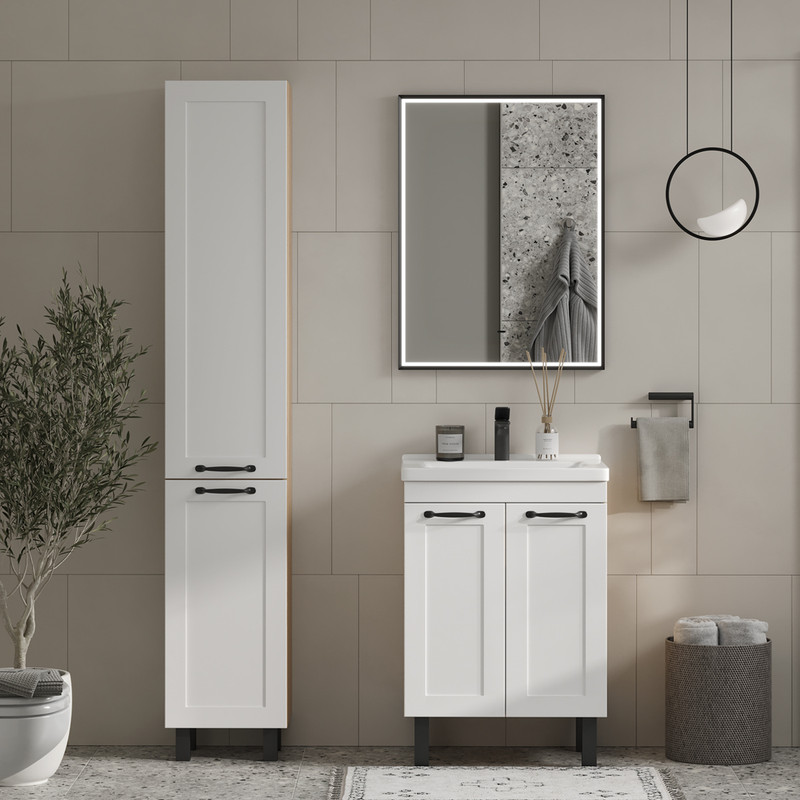 Тумба с раковиной EQUIL Lago 60 напольная, 2 двери, белый/дерево