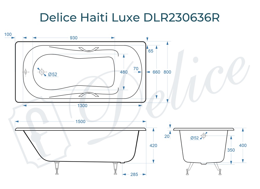 Ванна чугунная Delice Haiti Luxe 150х80 DLR230636R с отверстиями под ручки