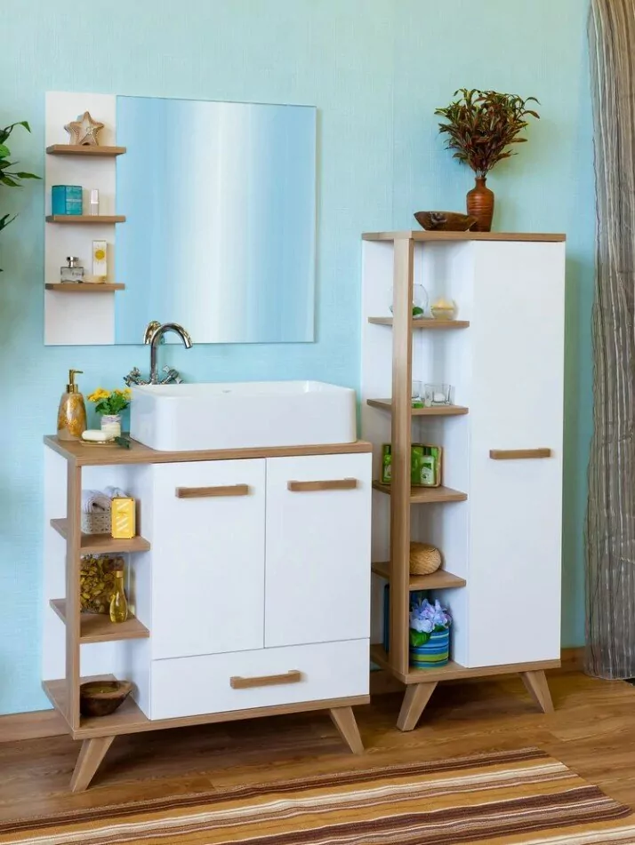 Тумба Sanflor Ингрид 80 с накладной раковиной Олимпия 56 напольная, белый матовый, швейцарский вяз