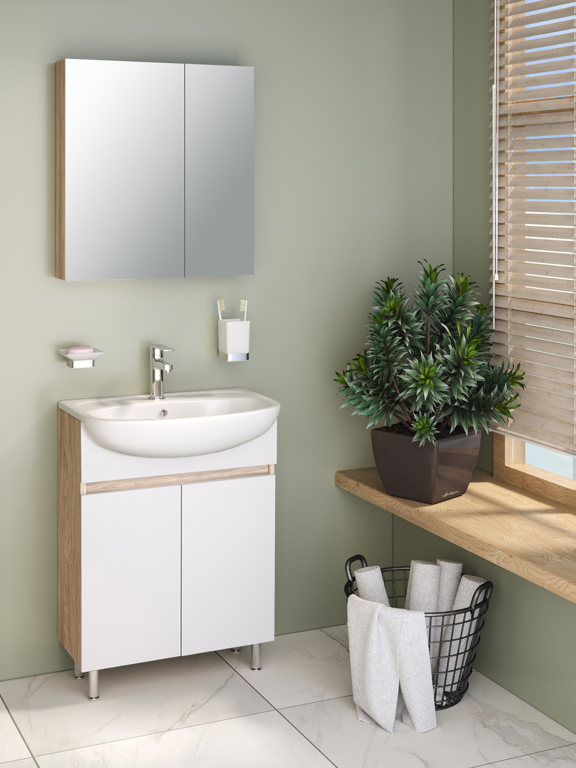 Тумба напольная Runo Лада 60 белый/блэквуд с раковиной Уют 60