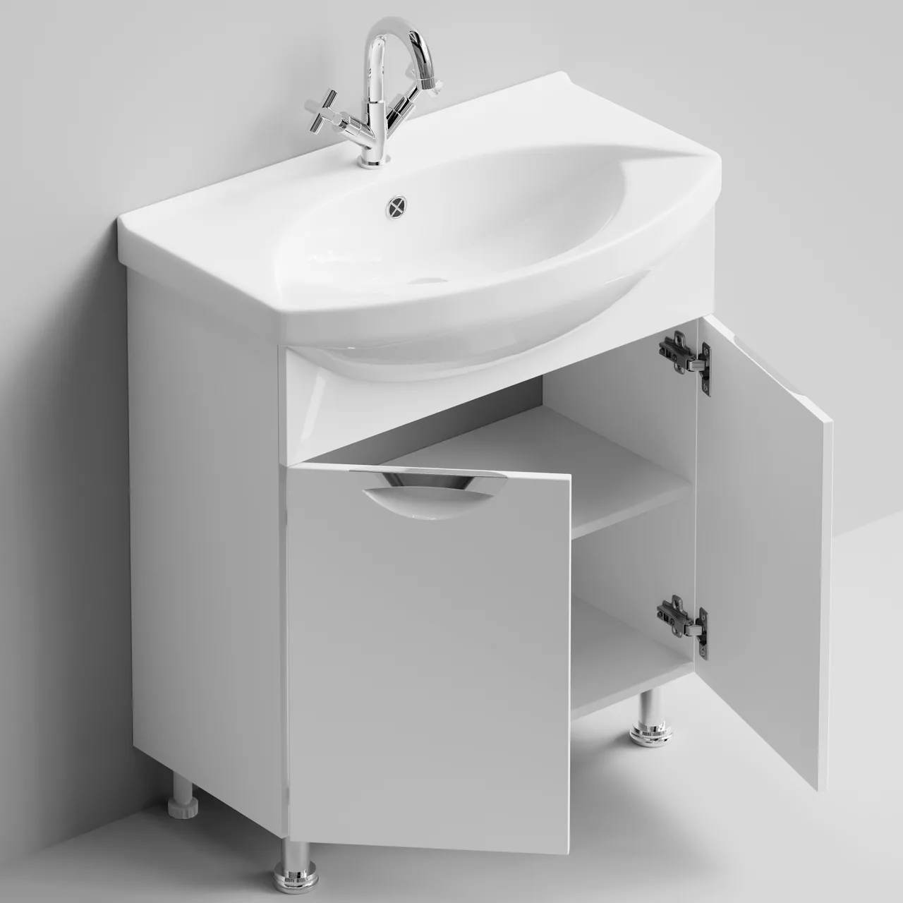 Тумба напольная Vod-ok Лира 75 с раковиной Лагуна 75, две двери, белая