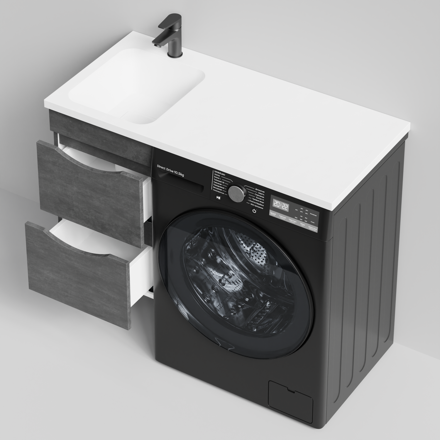 Тумба Vod-ok 38 с раковиной Смайл 100 подвесная, под стиральную машину, левая, Серый камень
