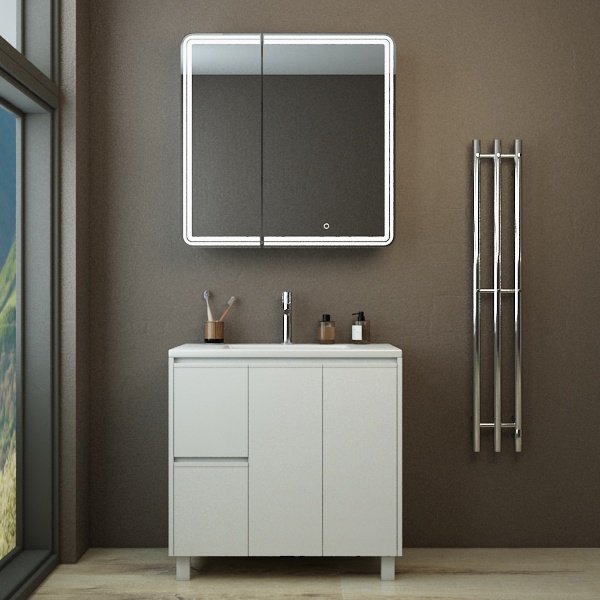 Тумба с раковиной Emmy Вега 80 напольная, 2 ящика, 2 двери, белый