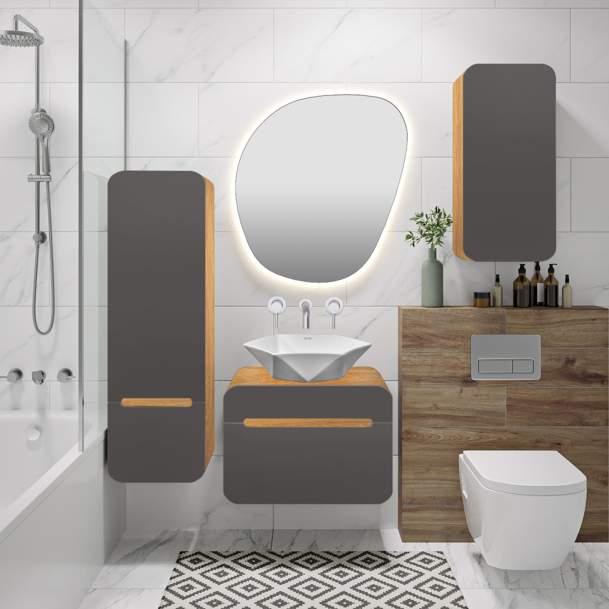 Пенал Runo Ницца 35 подвесной, R, графит/дуб натуральный