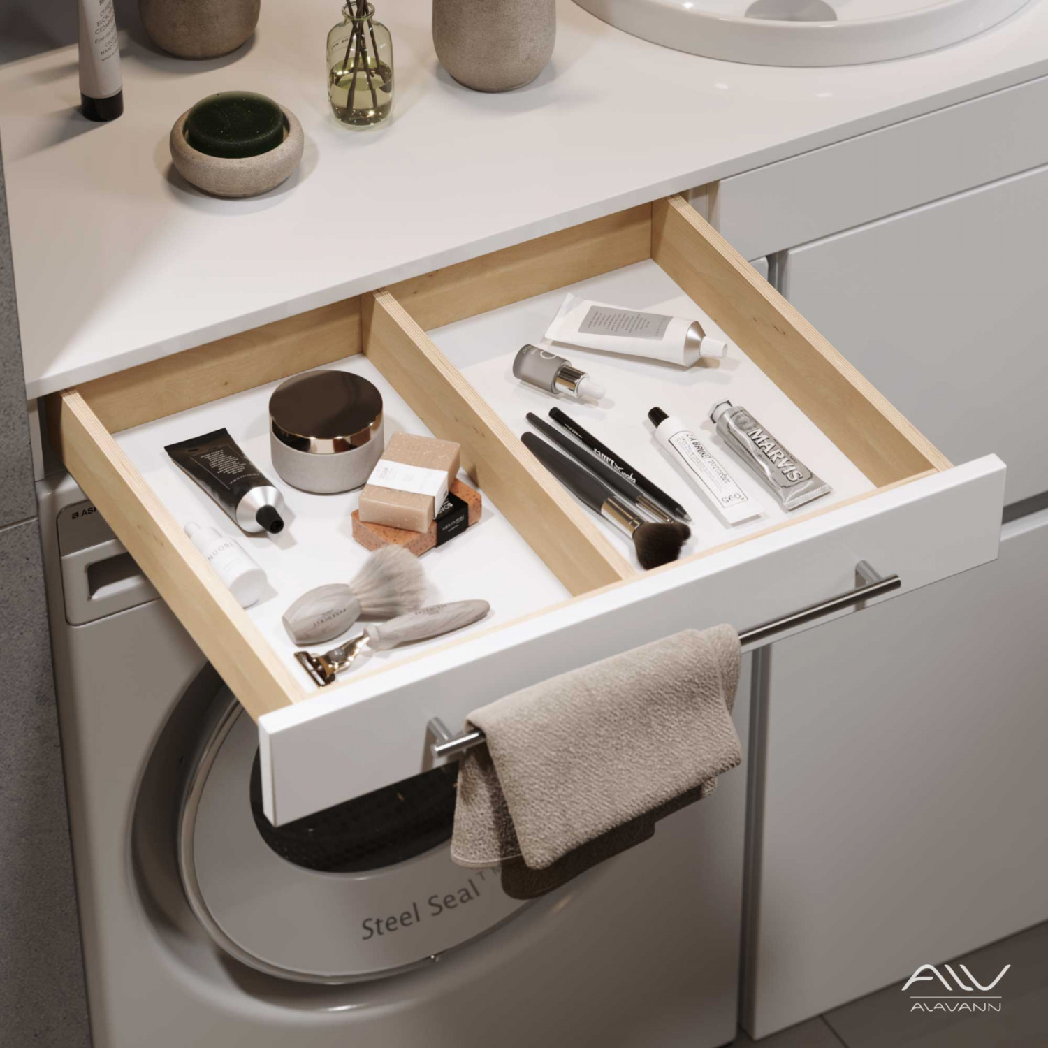 Тумба со столешницей Мдф Alavann Cosmetic 100 и раковиной Art Inside, R правая, корзина, под стиральную машину, белая