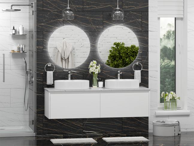 Тумба подвесная Misty Виста 150 с 2 раковинами и столешницей светлый мрамор, белый