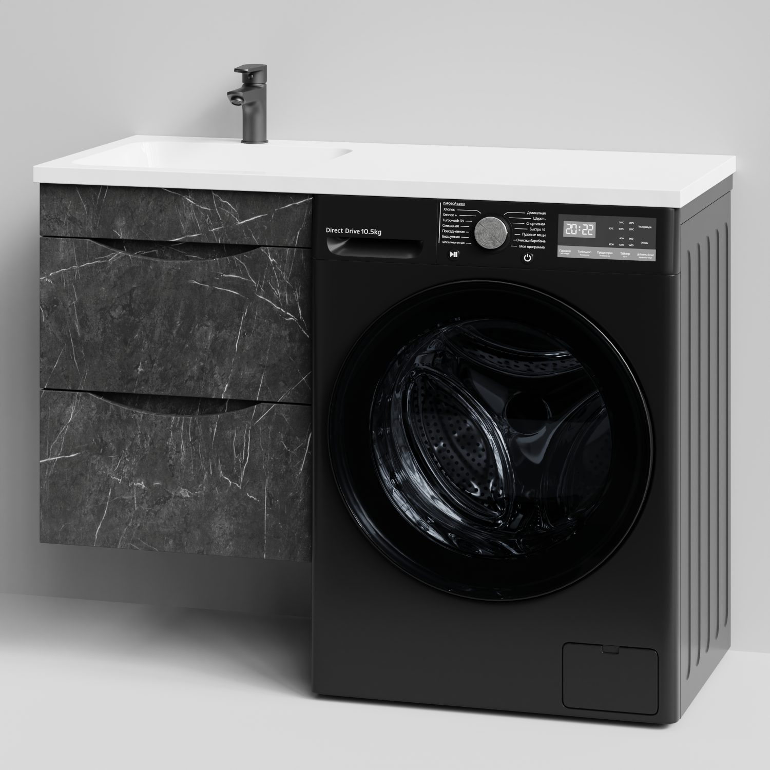 Тумба Vod-ok 48 с раковиной Смайл 110 подвесная, под стиральную машину, левая, Мрамор Графит софт тач