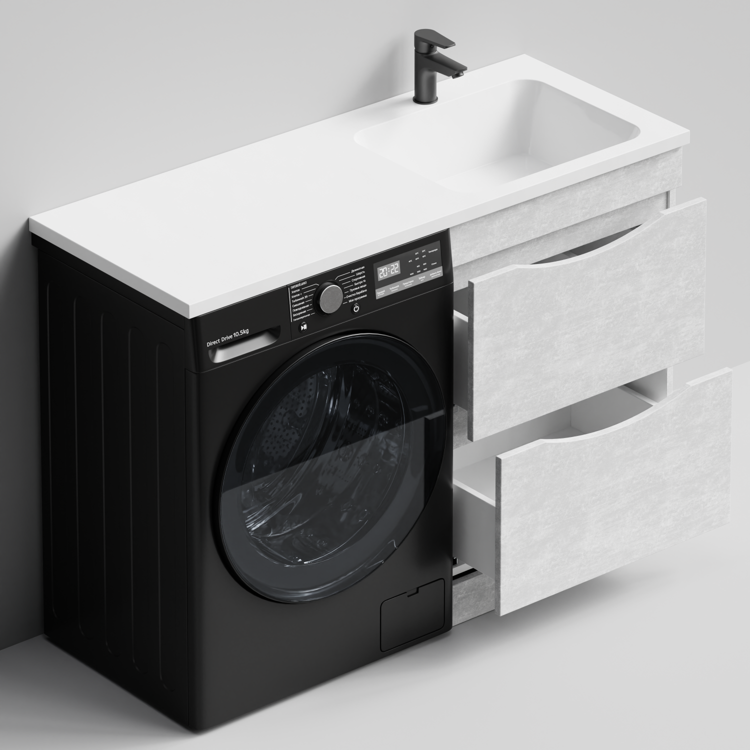 Тумба Vod-ok 58 с раковиной Смайл 120 напольная, под стиральную машину, правая, Белый камень