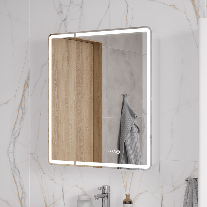 Зеркальный шкаф EQUIL Nice 70 с часами, свет, белый