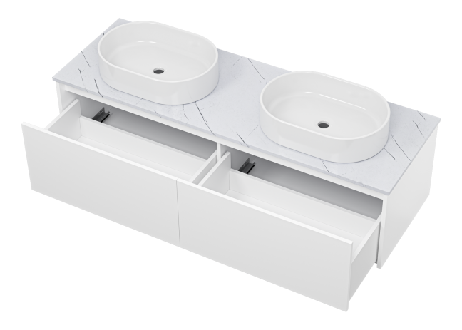 Тумба подвесная Misty Виста 150 с 2 раковинами и столешницей светлый мрамор, белый