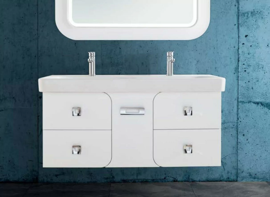 Тумба подвесная Vod-ok Elite Астрид 120 с двойной раковиной Classica 120, 5 ящиков, белая