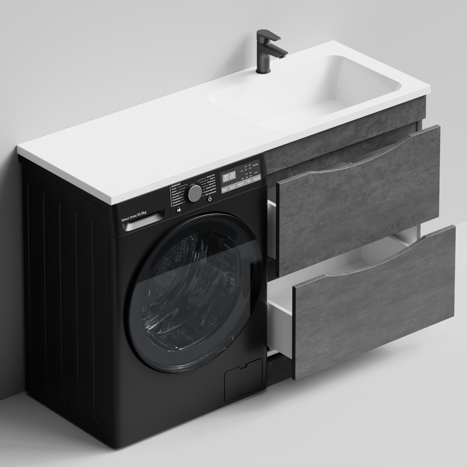 Тумба Vod-ok 68 с раковиной Смайл 130 напольная, под стиральную машину, правая, Серый камень