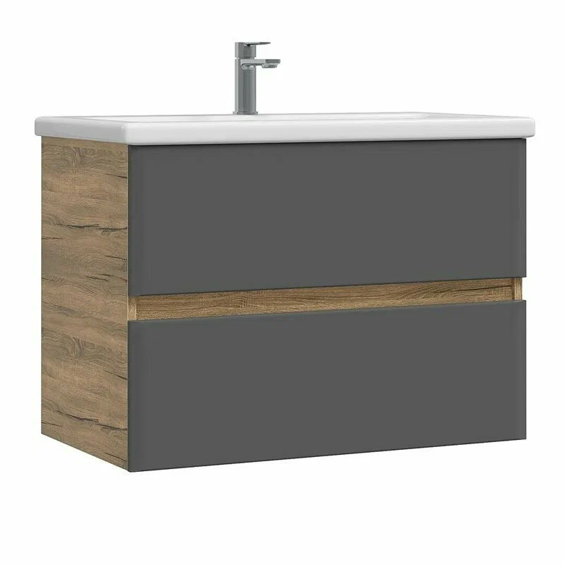 Тумба подвесная SanStar Graffa 100 с раковиной Миранда 100 Дуб вотан, графит софт