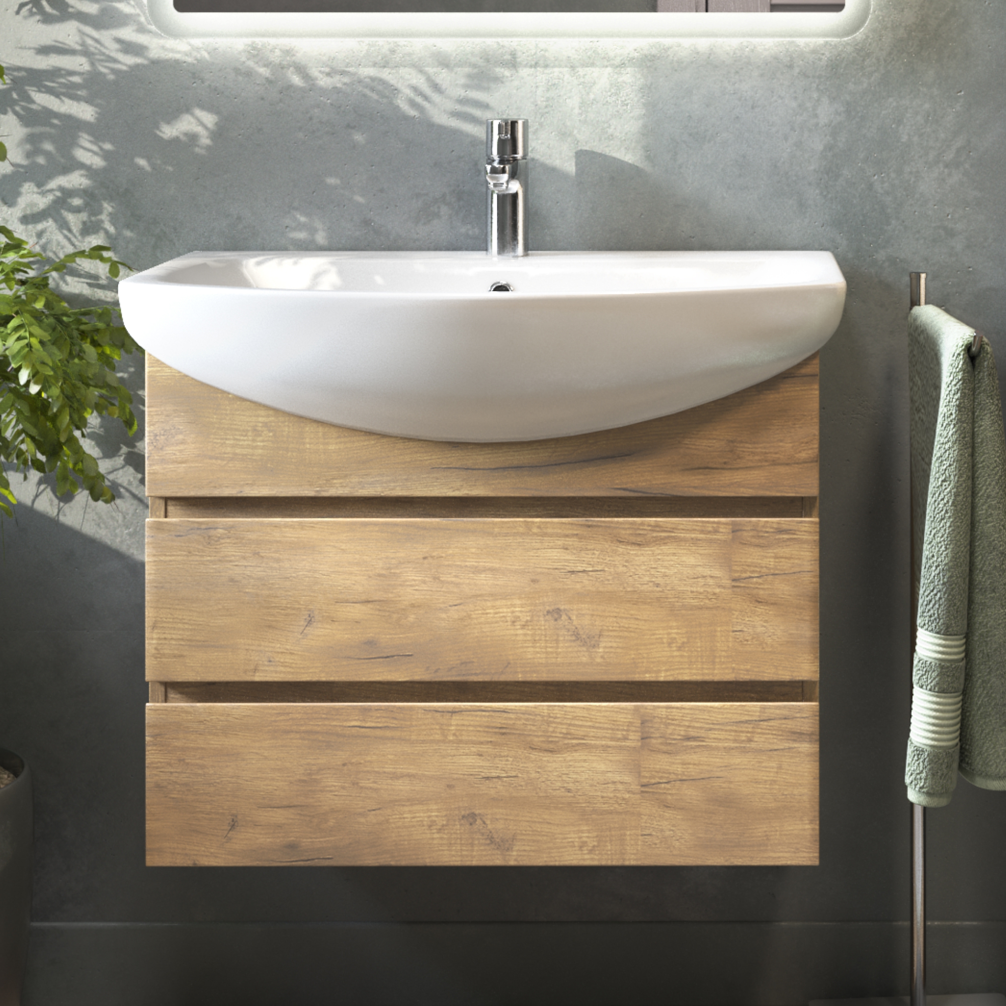 Тумба подвесная Vigo Wing 70 с раковиной Балтика 70, 2 ящика, дуб золотой