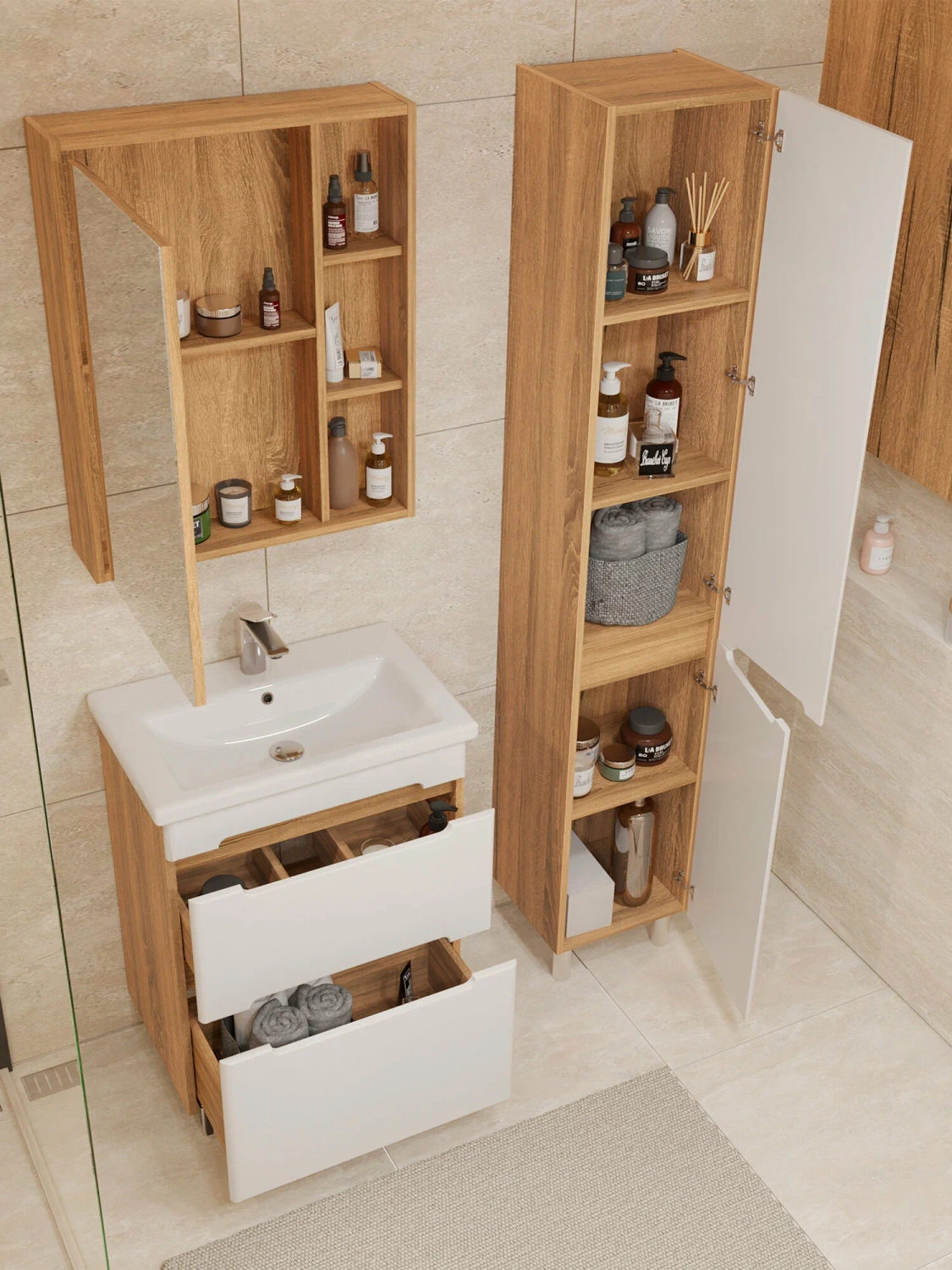 Тумба напольная SanStar Diva 50 с раковиной Фест 50 белый, Дуб вотан