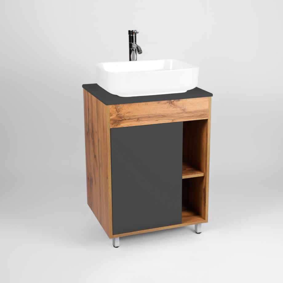 Тумба напольная Viant Бостон 65 с раковиной Moduo 50, 1 дверь, графит/дуб вотан