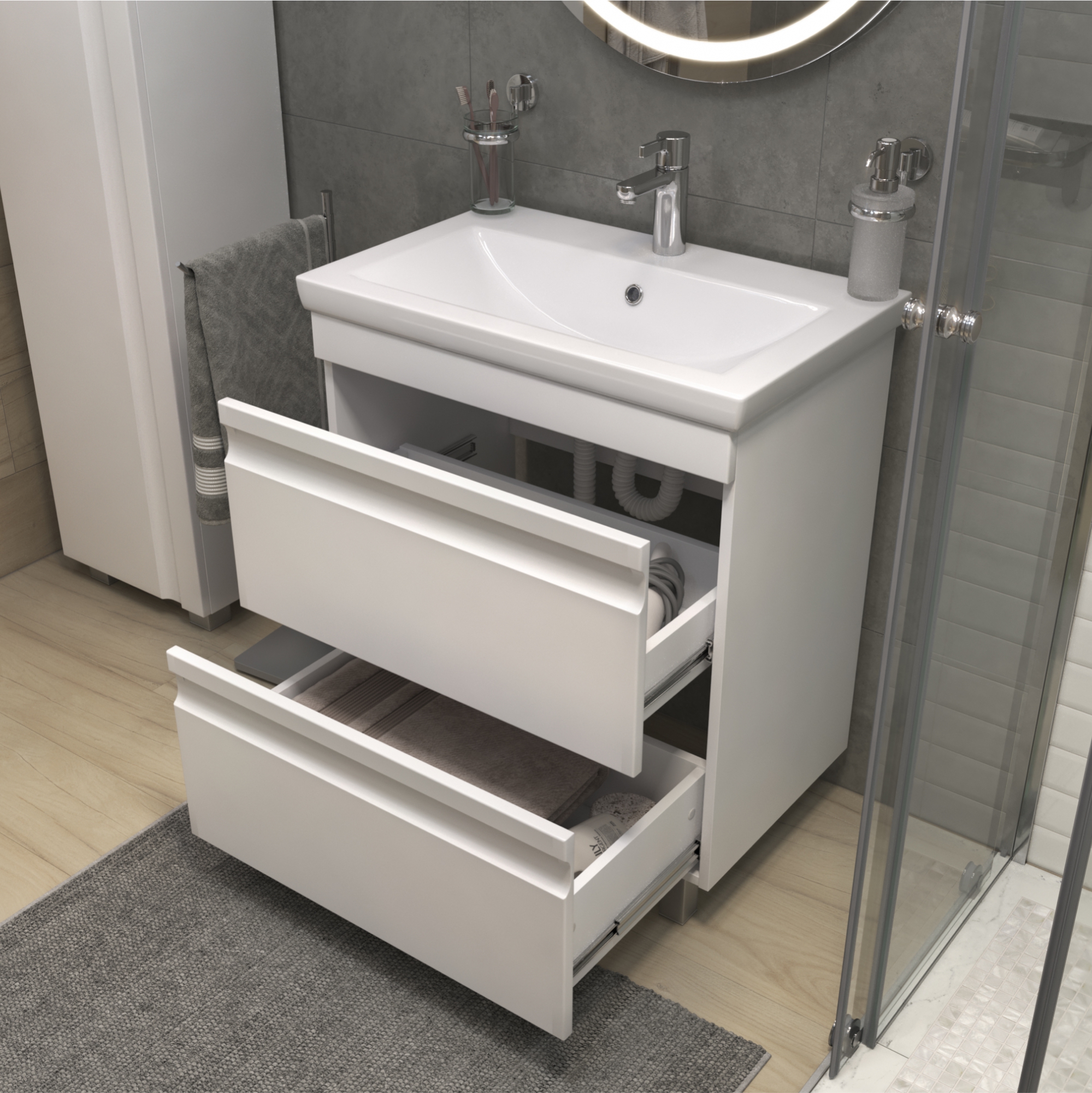 Тумба напольная Vigo Holly 70 с раковиной Como 70, 2 ящика, белый