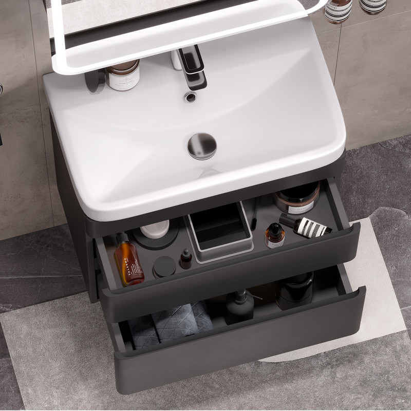 Тумба с раковиной EQUIL Nice 70 подвесная, 2 ящика, черный софт