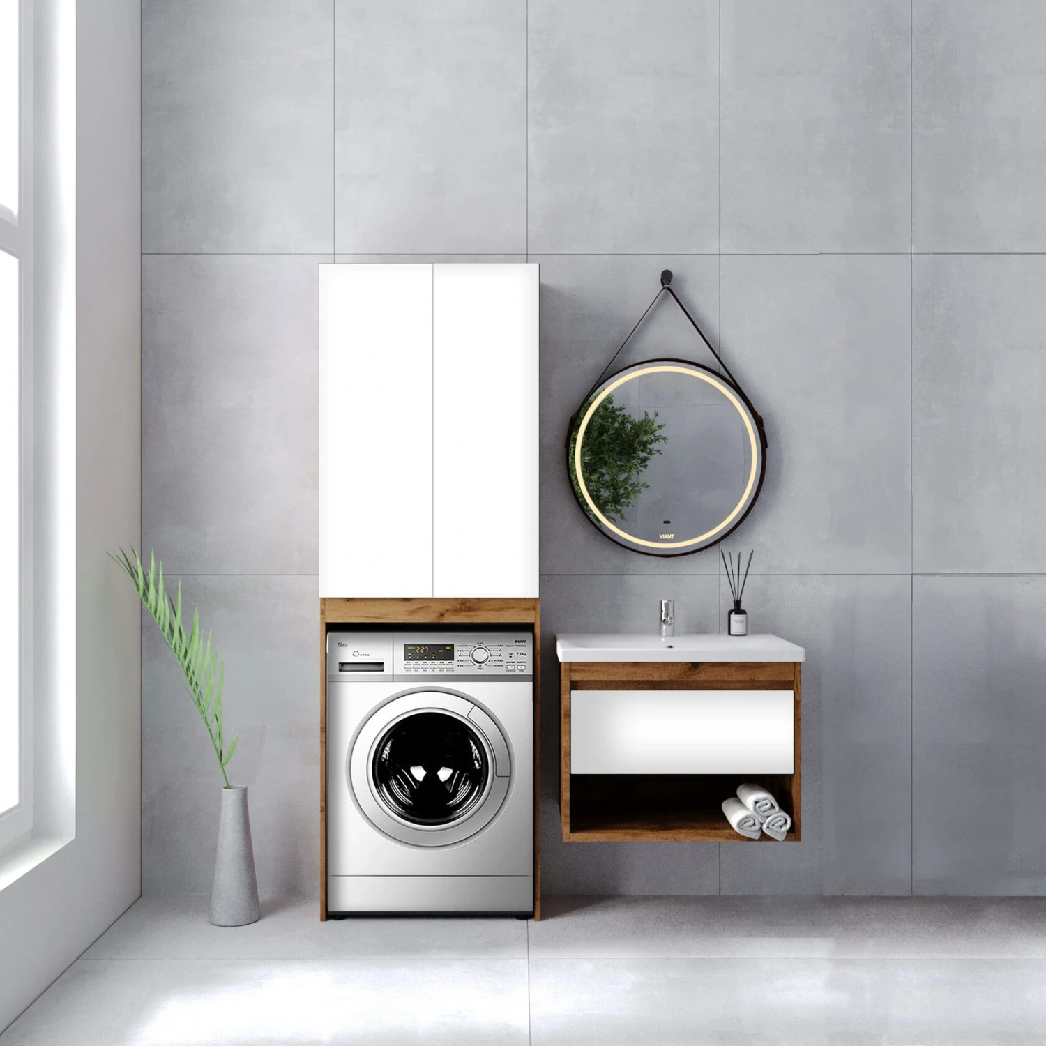 Тумба подвесная Viant Бостон 70 с раковиной Como 70, 1 ящик, белый/дуб вотан