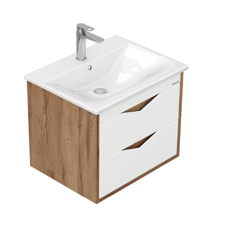 Тумба Onika Трианта 60 подвесная с раковиной Бриз 60, белая/дуб крафт золотой