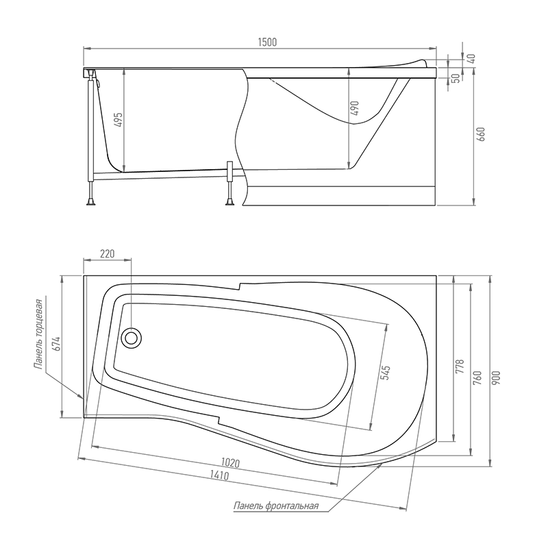 Комплект (5в1) Акриловая ванна TIMO VINO1590R 150*90*66+Каркас + Слив-перелив+Фронтальная панель+Торцевая панель