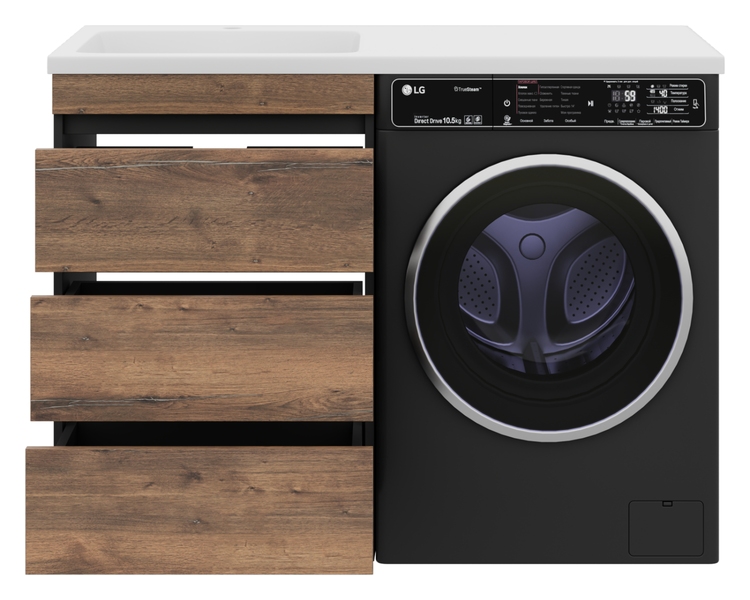 Тумба с раковиной Misty Коломбо 60 под стиральную машину с раковиной Эстет Даллас 120 R, дуб галифакс/антрацит