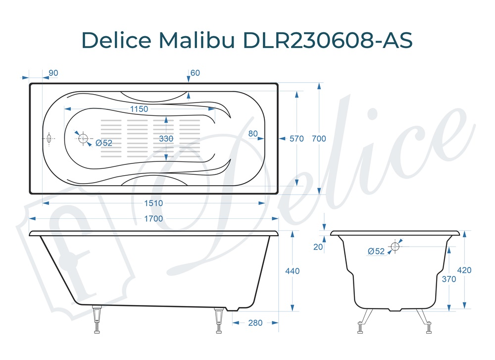 Ванна чугунная Delice Malibu 170х70 DLR230608-AS с антискользящим покрытием