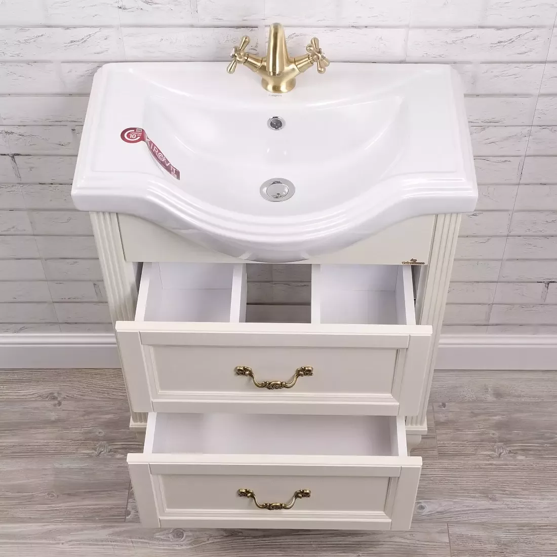 Тумба напольная ValenHouse Эллина 65/2 с раковиной Классик 65, 2 ящика, слоновая кость, бронза