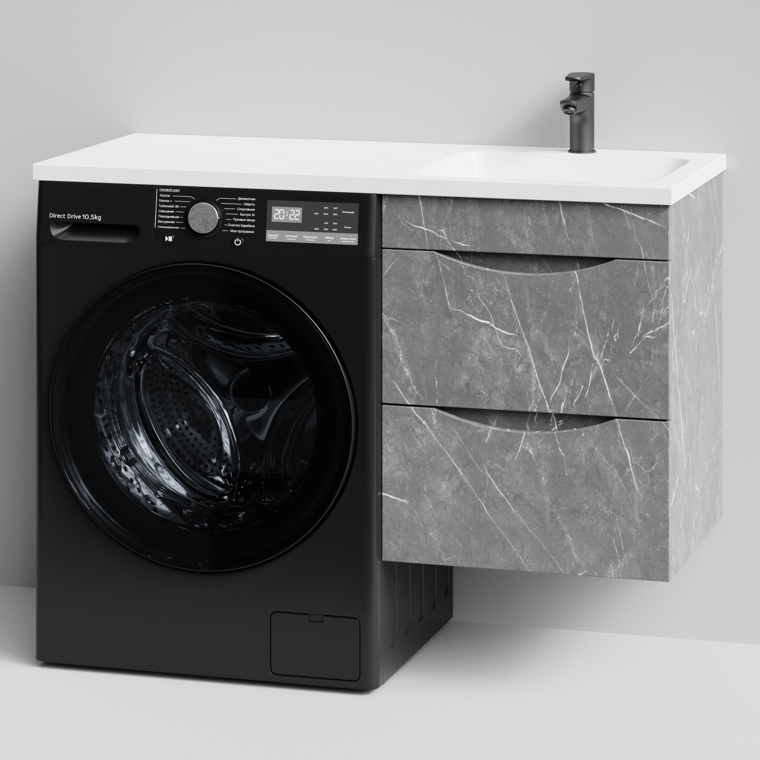 Тумба Vod-ok 48 с раковиной Смайл 110 подвесная, под стиральную машину, правая, Мрамор Серый софт тач