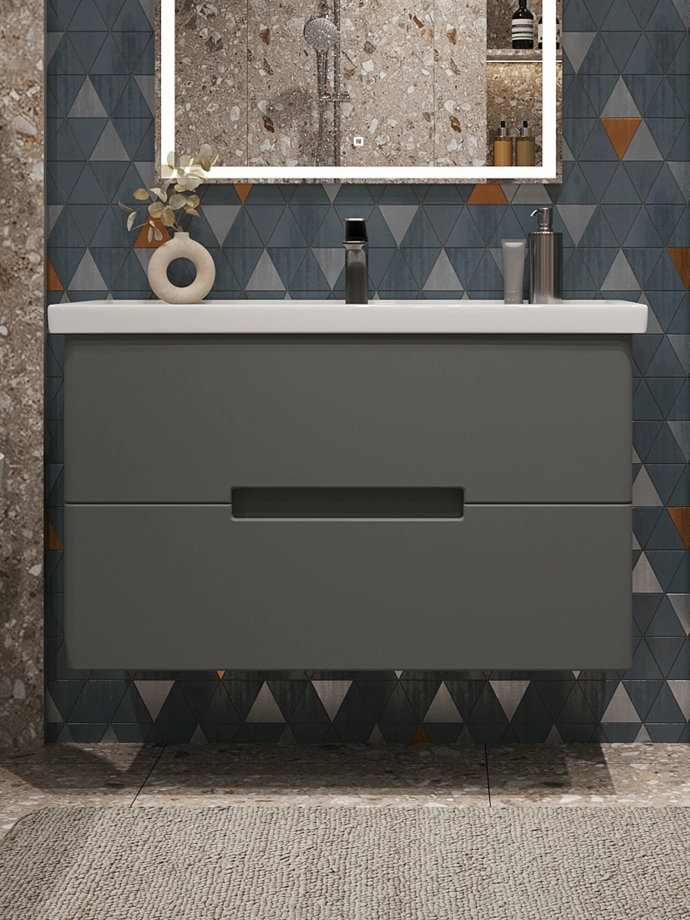 Тумба подвесная SanStar Noche 100 с раковиной Миранда 100 Графит софт