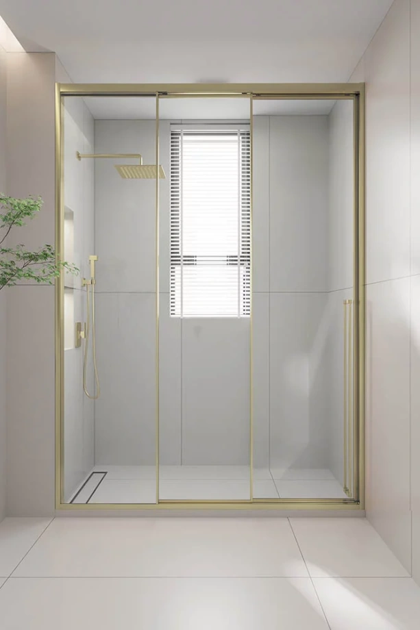 Душевая дверь раздвижная Veconi Premium Prato 300 G-L, 1100х2000, золото брашированный, стекло прозрачное