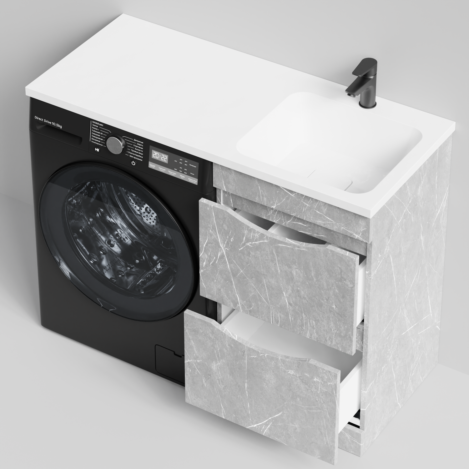 Тумба Vod-ok 48 с раковиной Смайл 110 напольная, под стиральную машину, правая, Мрамор Белый софт тач
