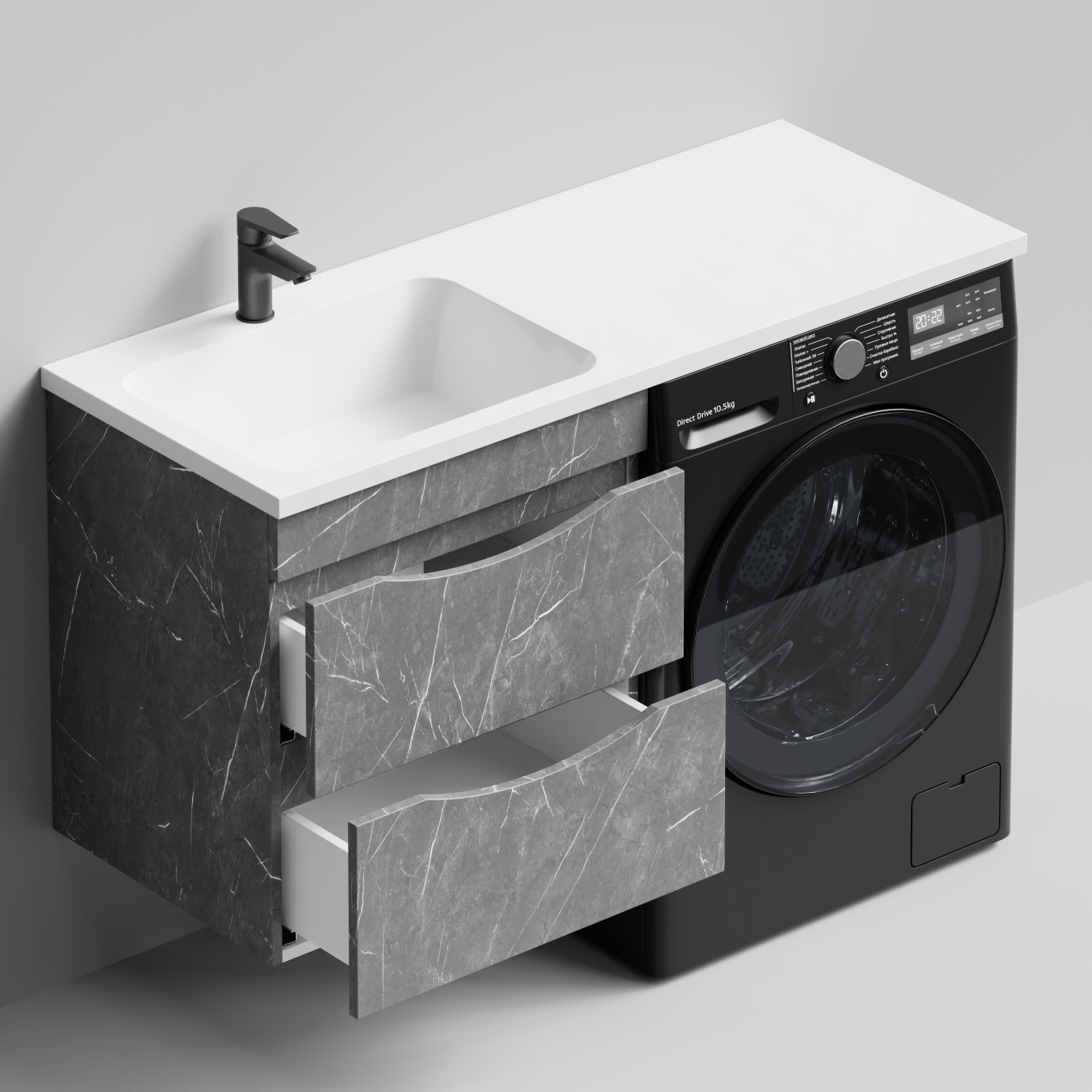 Тумба Vod-ok 58 с раковиной Смайл 120 подвесная, под стиральную машину, левая, Мрамор Серый софт тач