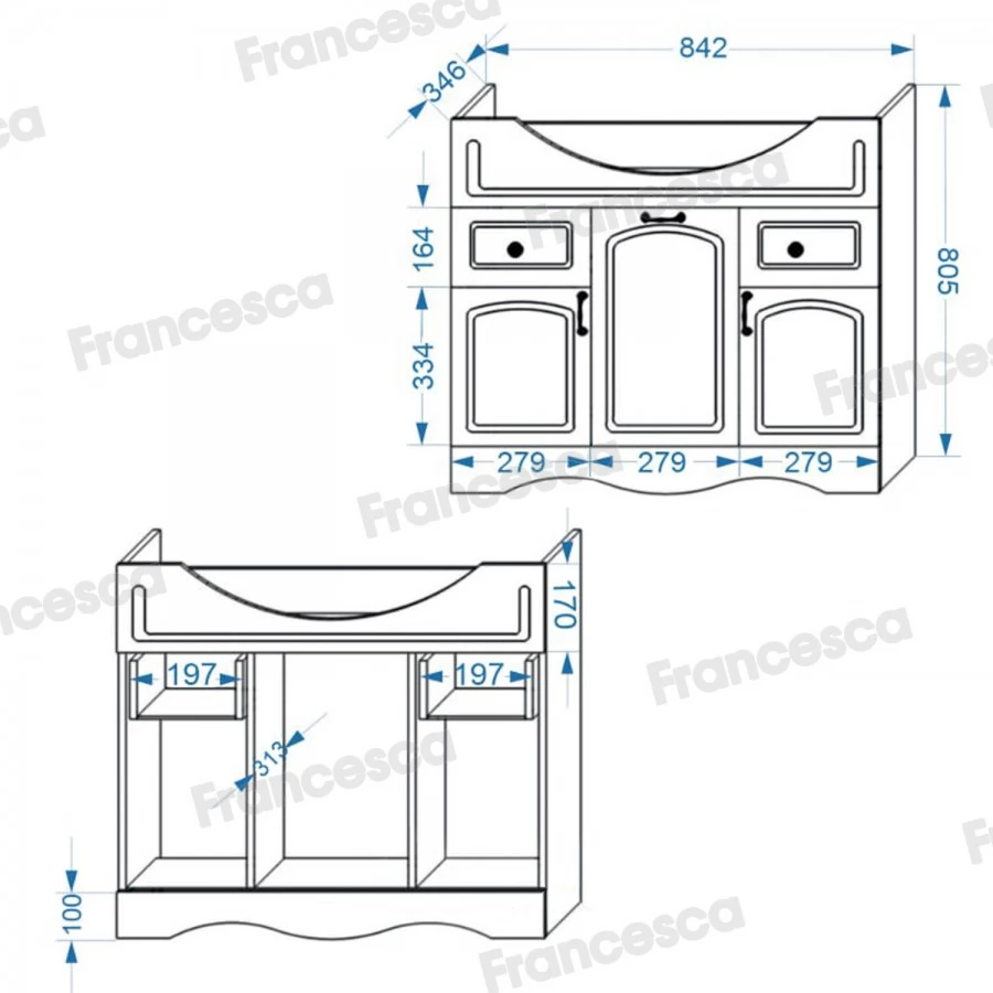 Тумба с раковиной Francesca Империя 85 напольный, 2 ящика, 3 двери, венге