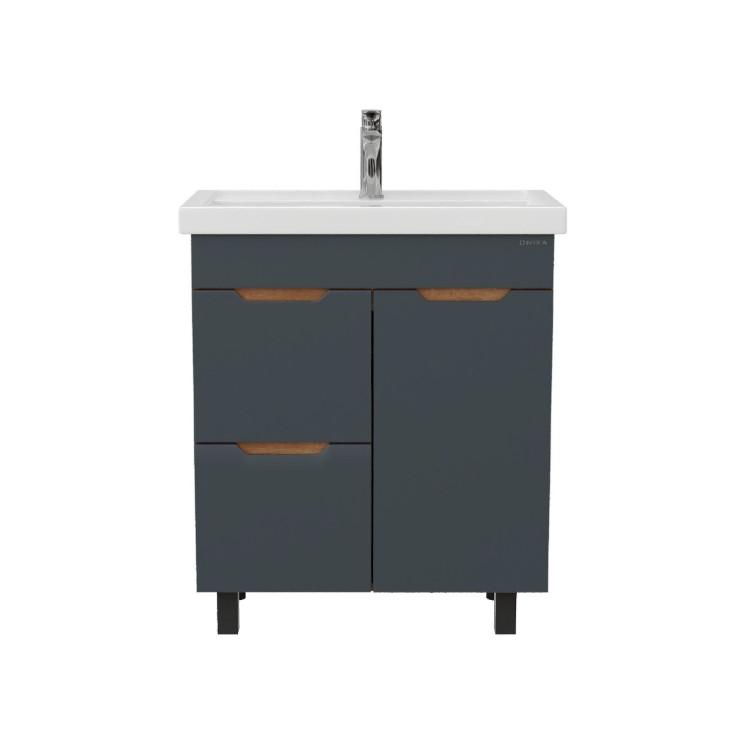 Тумба напольная Onika Айленд с раковиной Фостер 70, с корзиной, графит/дуб крафт золотой