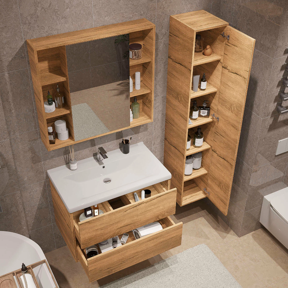 Тумба подвесная SanStar Siva 80 с раковиной Миранда 80 Дуб вотан