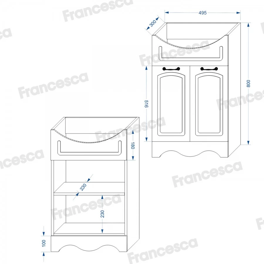 Тумба с раковиной Francesca Империя 55 напольная, 2 двери, белая