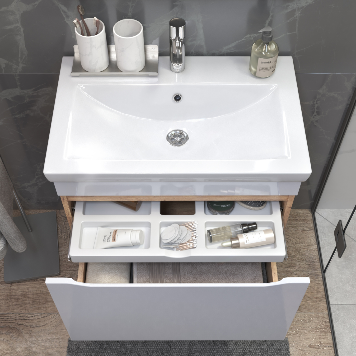 Тумба подвесная Vigo Grani 700-0-1 с раковиной Como 70, 1 ящик, дуб золотой