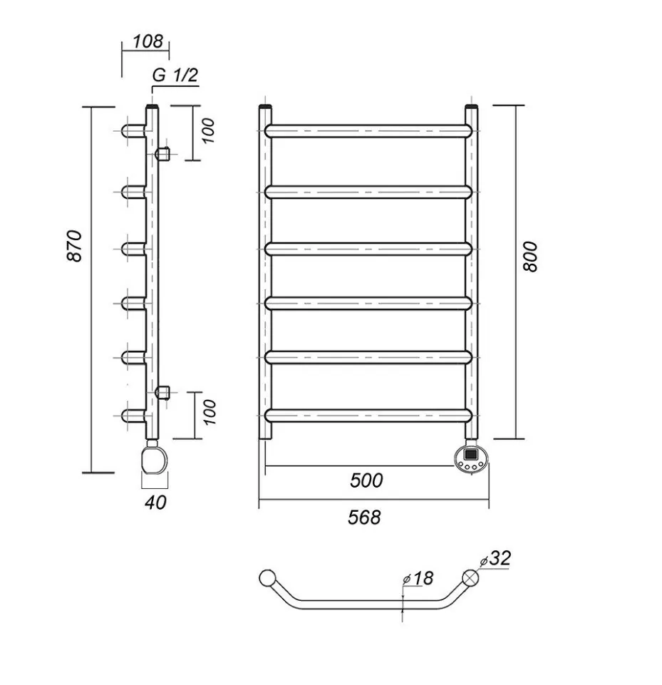 Полотенцесушитель электрический Domoterm Лаура П6 500х800 ER правый, хром