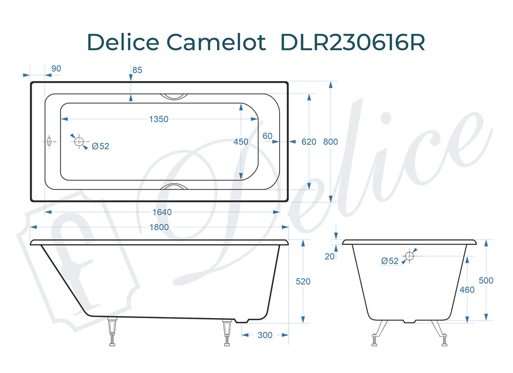 Ванна чугунная Delice Camelot 180х80 DLR230616R с отверстиями под ручки