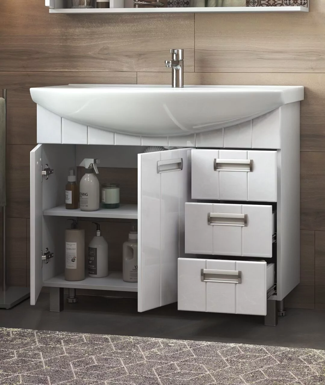 Тумба напольная Vigo Diana 105 с раковиной Стиль 105, 2 двери, 3 ящика, белый