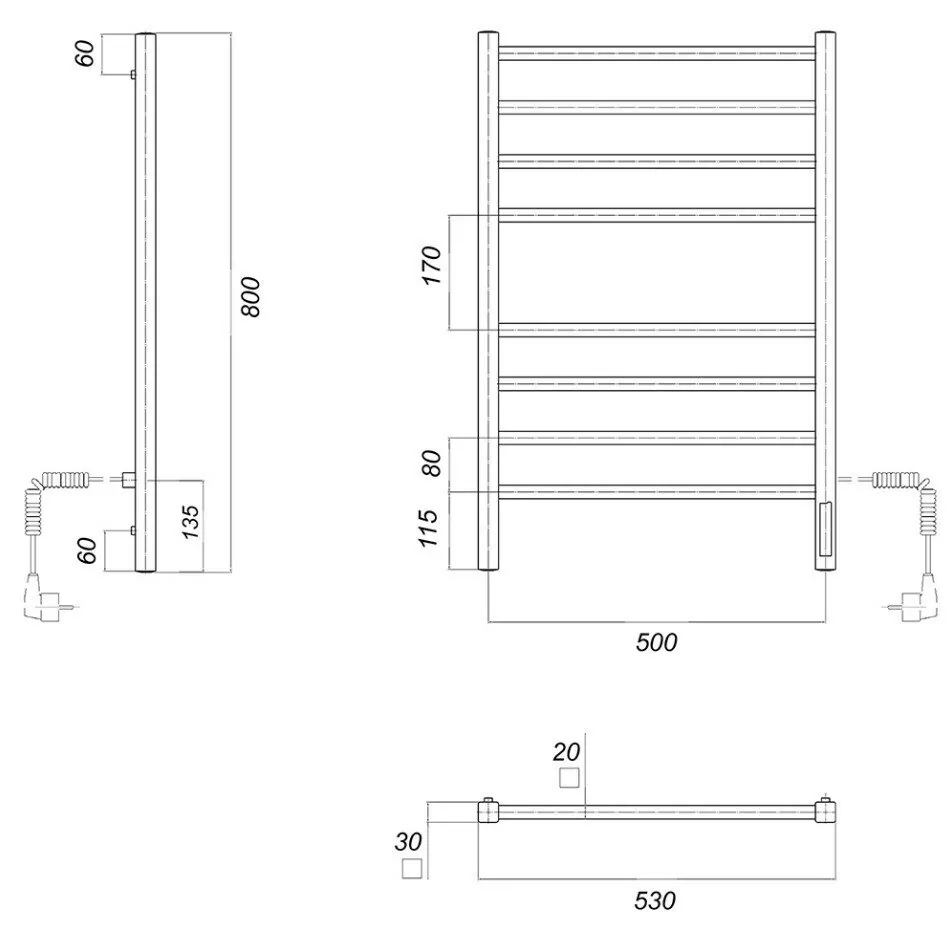 Полотенцесушитель электрический Domoterm Квадро П8 500x800 EK R правый, черный