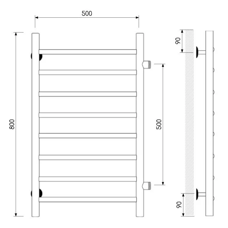 Полотенцесушитель водяной Laris Классик П8 500х800 МЦ 500-1 боковой, черный матовый