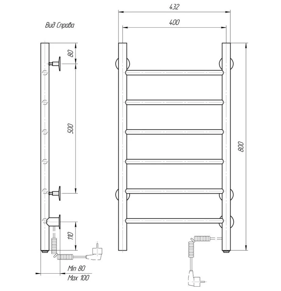Полотенцесушитель электрический Domoterm Аврора DMT 109-6 40x80 EK R правый, белый матовый