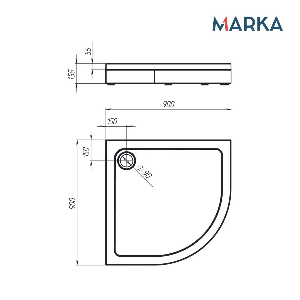 Поддон 1Marka акриловый FLAT 90х90 1/4 комплект с сифоном